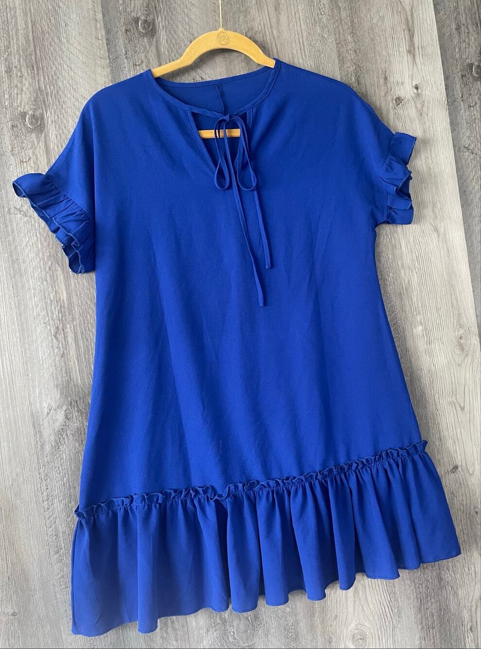 SHEIN Royal Blue Ruffle Hem Mini Dress S Tie Neck Flounce Sleeve Shift